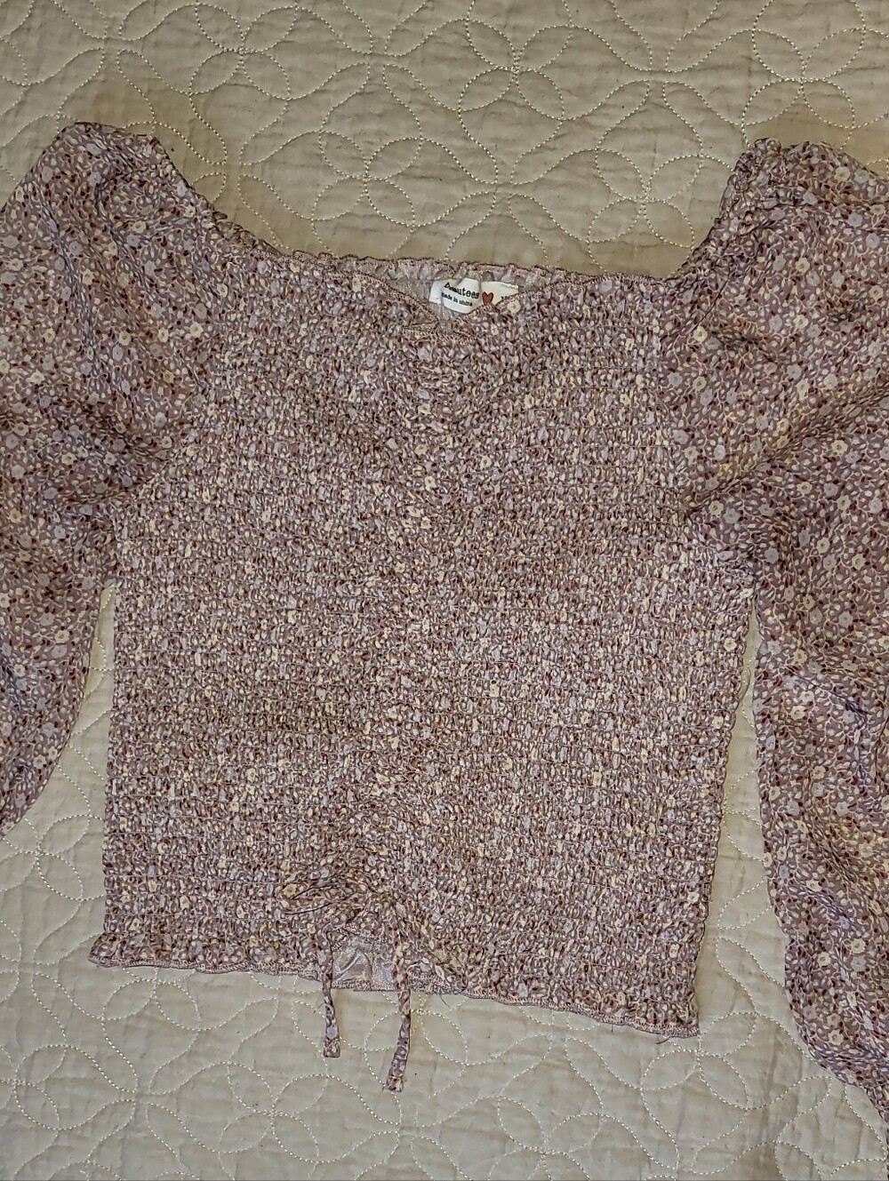 Beautees Purple Smocked Floral Crop Top.